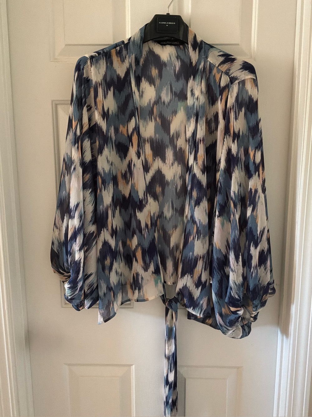 Blue & Cream Abstract Tie-Front Sheer Blouse